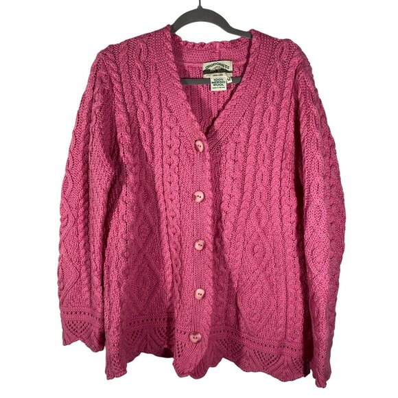 Aran Crafts Pink Cable Knit Merino Wool Cardigan Sweater M colorful pink scallop - Picture 1 of 10